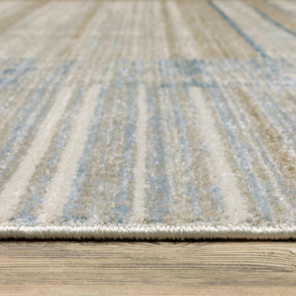 5′ X 8′ Blue Dark Blue Teal Grey Ivory Beige And Tan Geometric Power Loom Stain