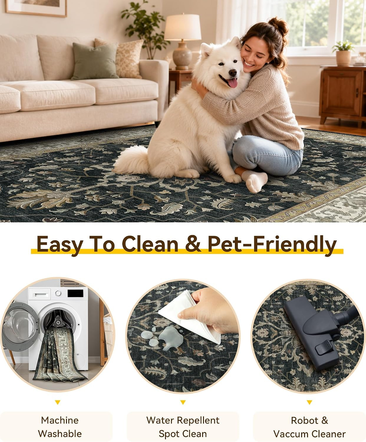 Area Rugs 5’X7′ Washable Vacuum-Friendly, Non-Slip, Floral Vintage Distress Prin
