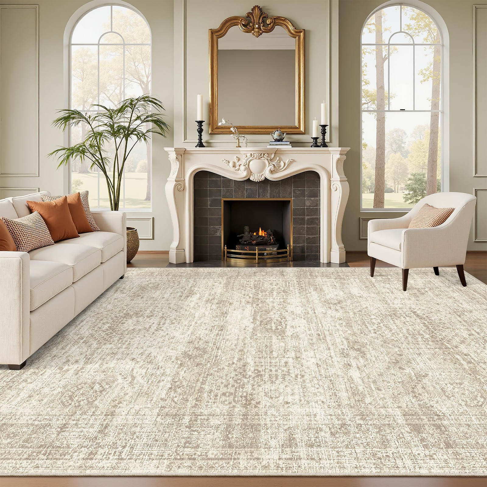Washable Area Rug 8×10, Large Soft Rugs For Living Room Vintage Beige Carpet