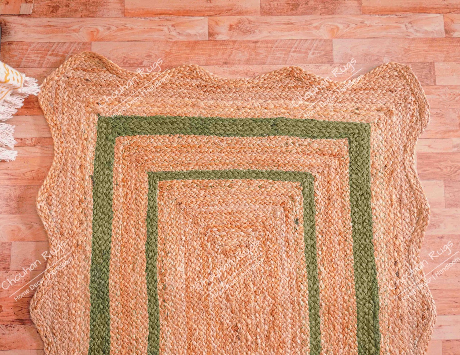 Vintage style Natural Jute Rug with Green Border Boho Large Area Rugs For Home