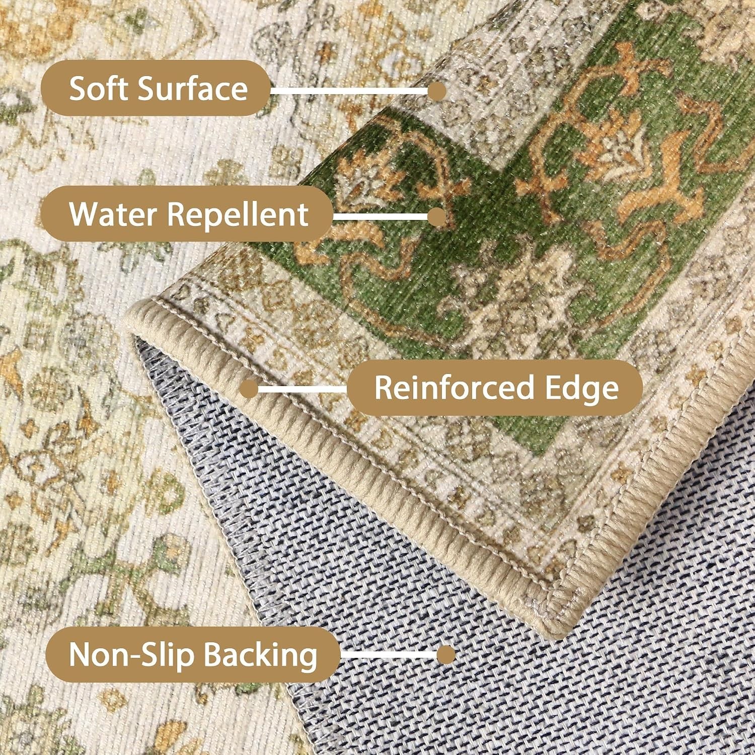 Area Rug 5×7 Washable Green Boho Floral Low Pile Non-Slip Living Bedroom Carpet