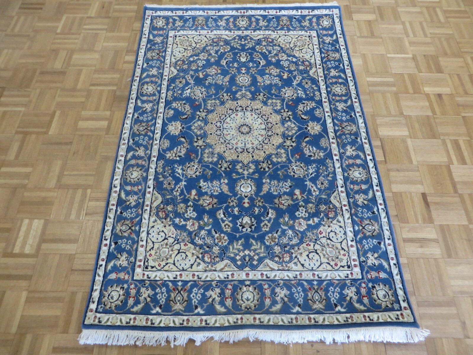 4’1 x 6’2 Hand Knotted Blue Fine Nain With Silk Oriental Rug G14757