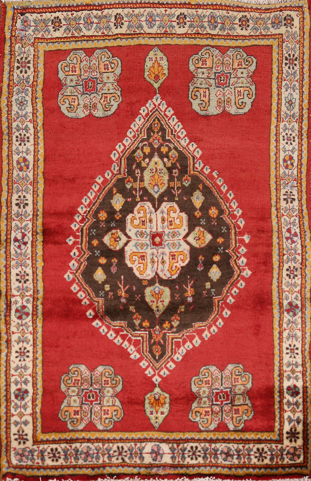 Red/ Ivory Geometric Wool Tribal Rug 3×4 ft Handmade for Foyer