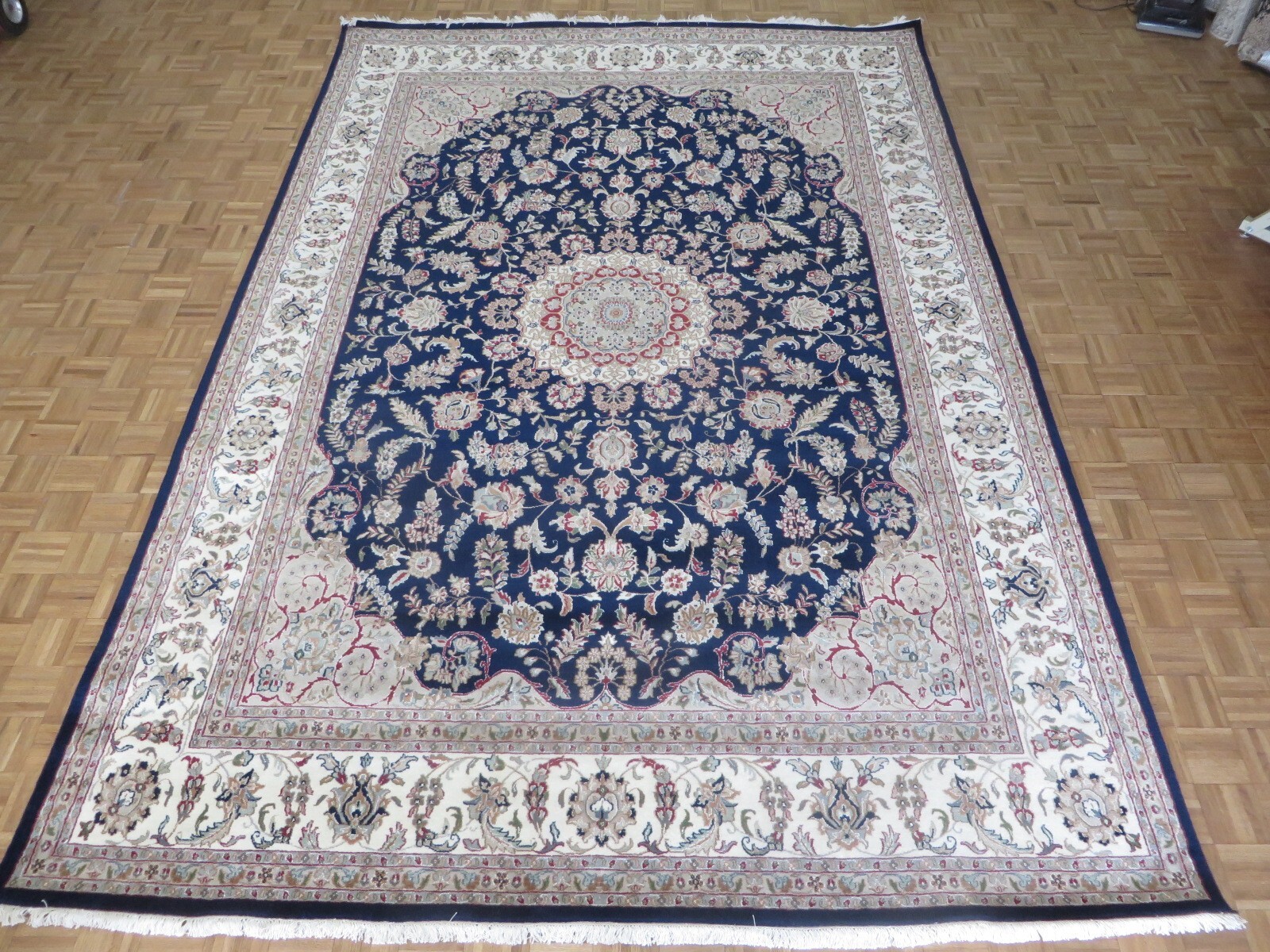 9’8 x 13’11 Hand Knotted Navy Blue Fine Nain With Silk Oriental Rug G14082