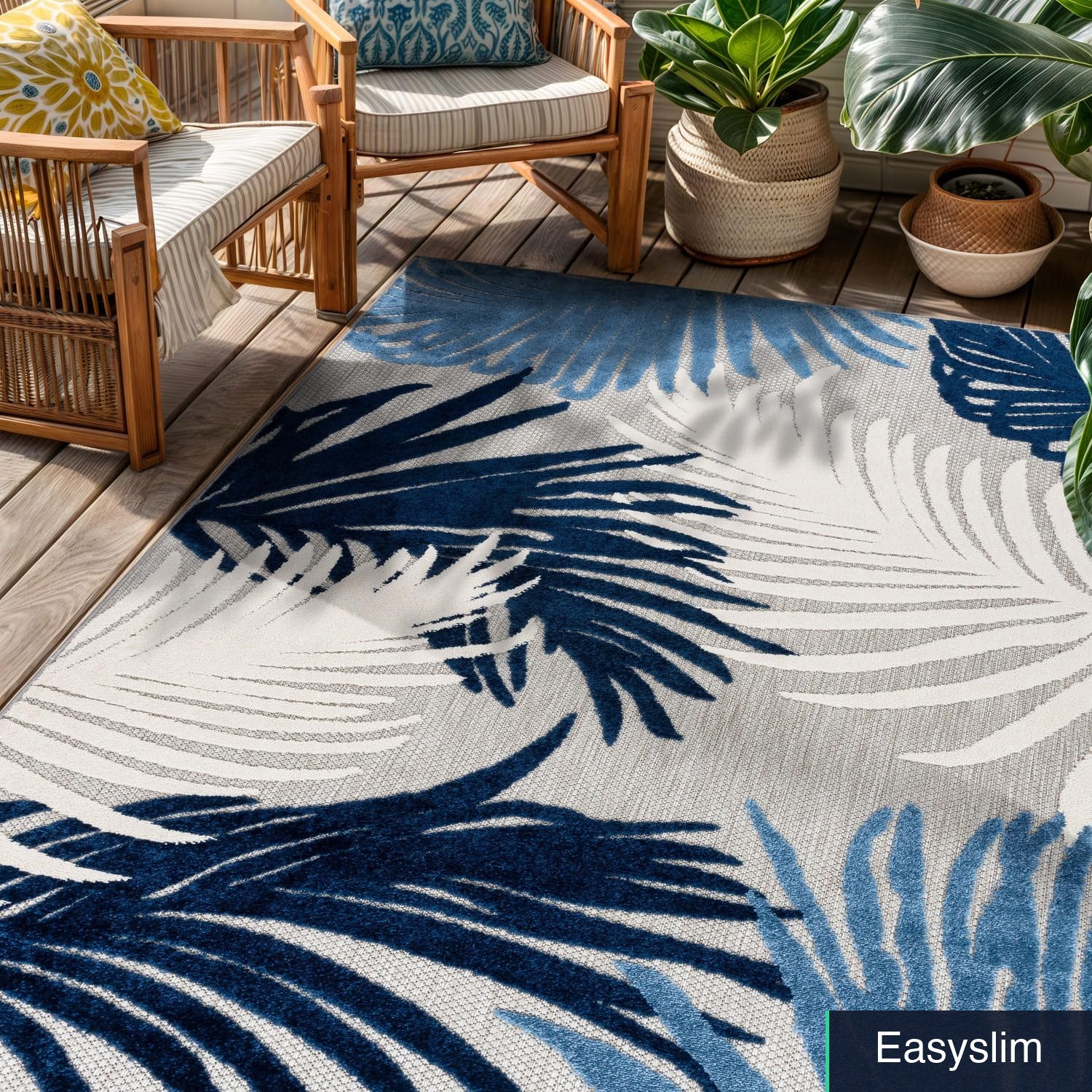 Indoor Outdoor Area Rug Contemporary Floral Navy 3’3″x5′ Polypropylene