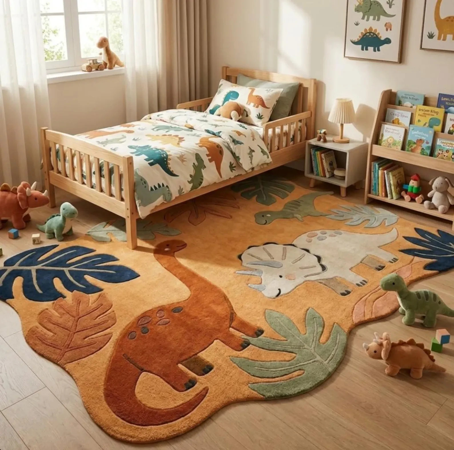 Hand Tufted Wool Dinosaur Rug Mustard Sage Nursery Carpet Scandinavian Modern