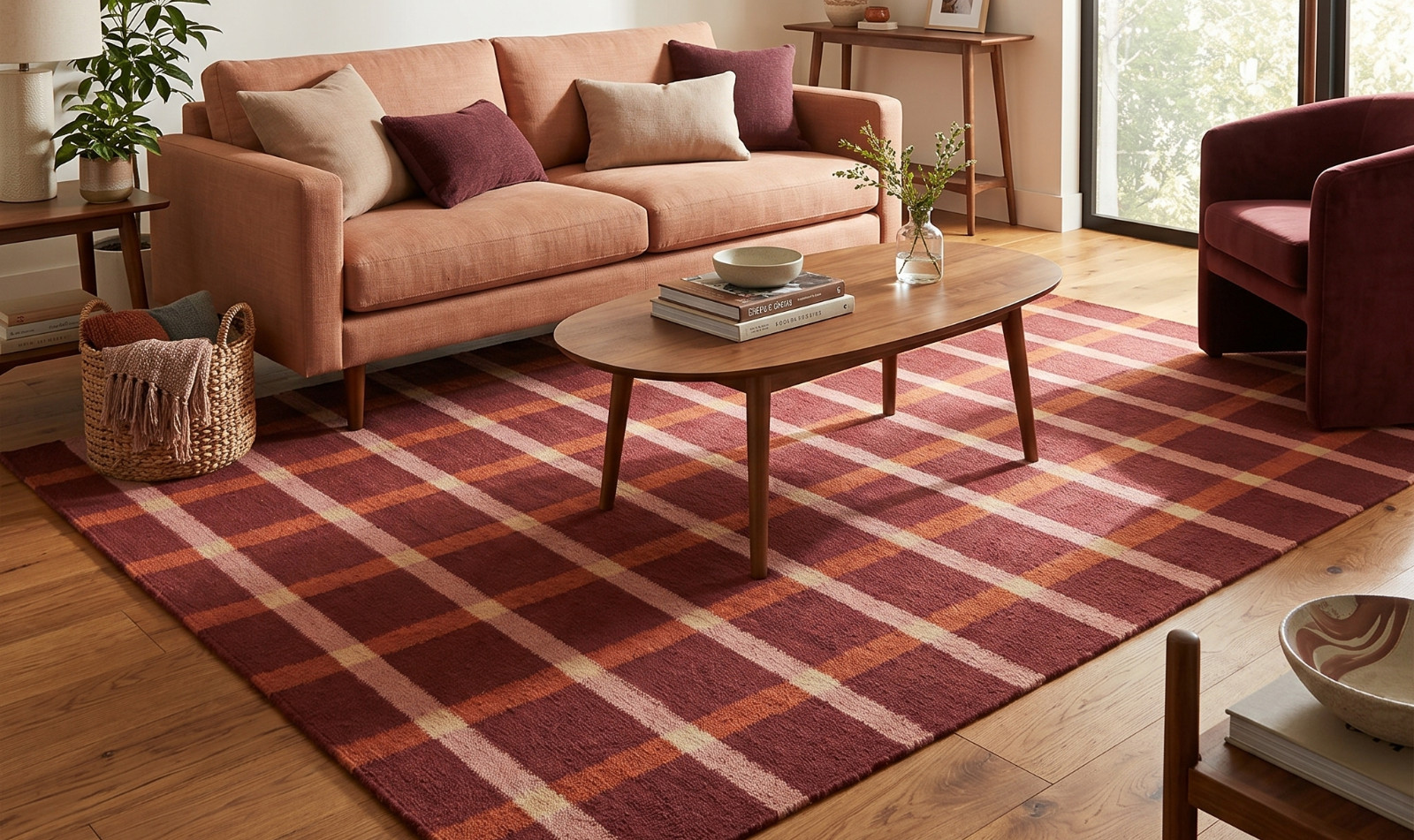 Handwoven Red Pink Orange Bauhaus Modern Scandinavian Design Minimalist Wool Rug