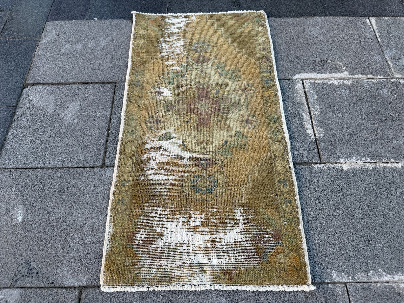 Vintage Turkish Rug 1.6×3.1 ft Olive Green Distressed Anatolian Accent Rug Wool