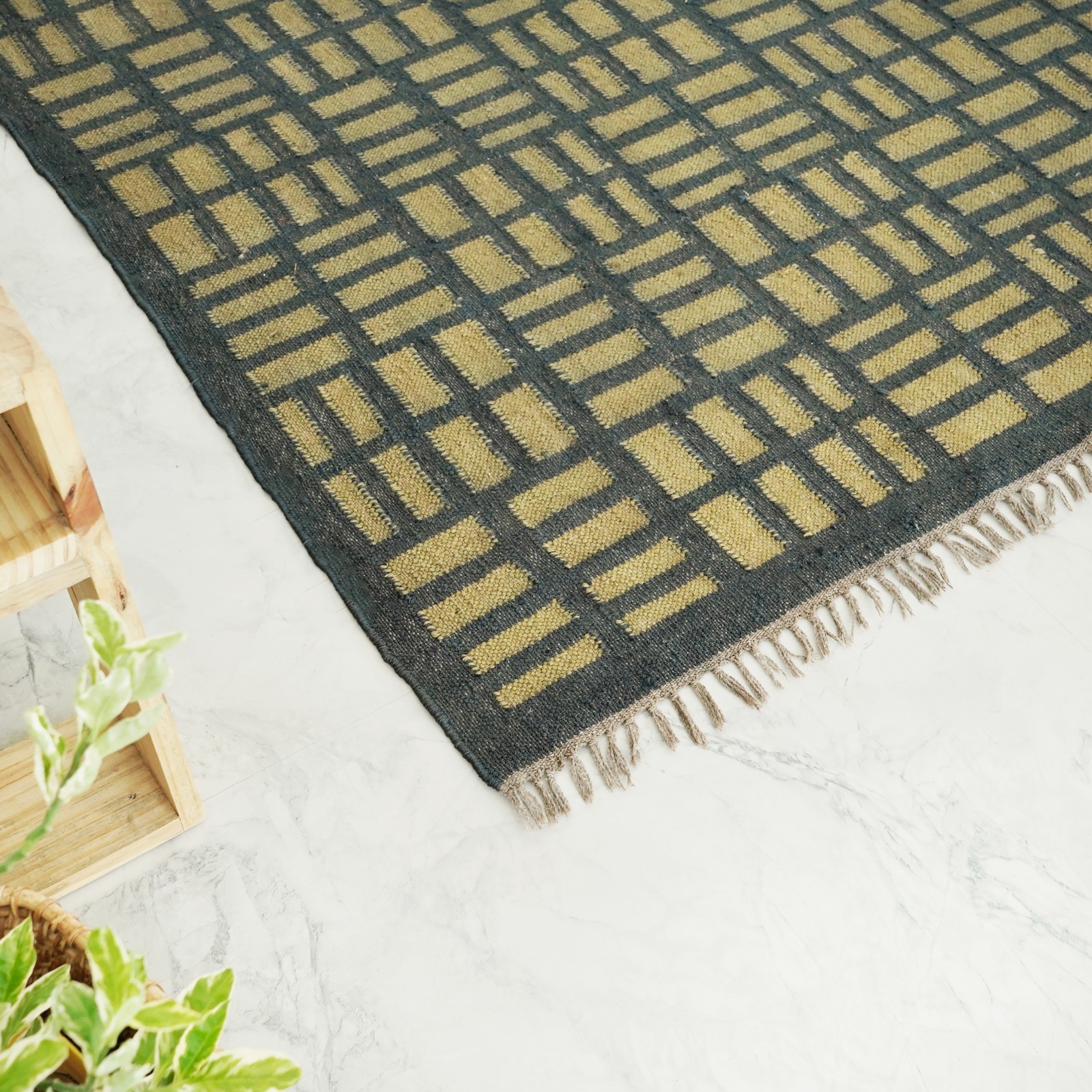 Area Rug- Wool Jute Area Carpet Natural Checkered Pattern Floor Mat Custom Size
