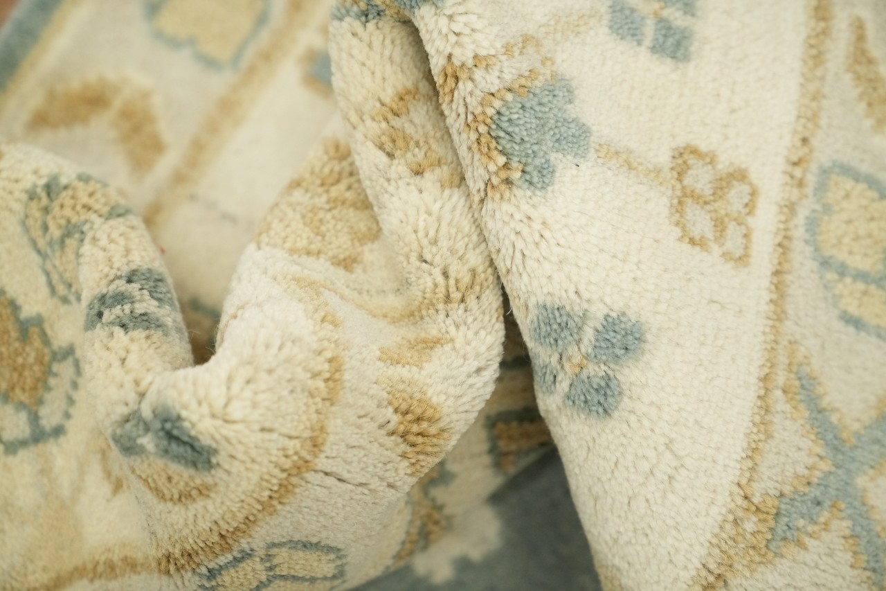 Elegant 9×12 Hand-Knotted Wool Oushak Blue and Beige All-Over Area Rug