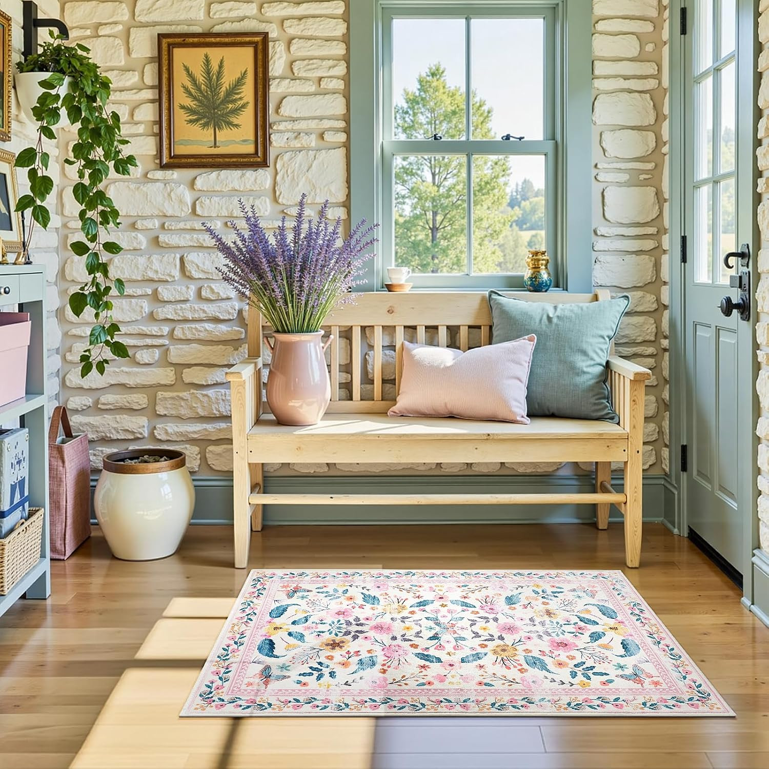 2X3 Pink Floral Area Rug for Entryway,Boho Machine Washable Throw Rugs