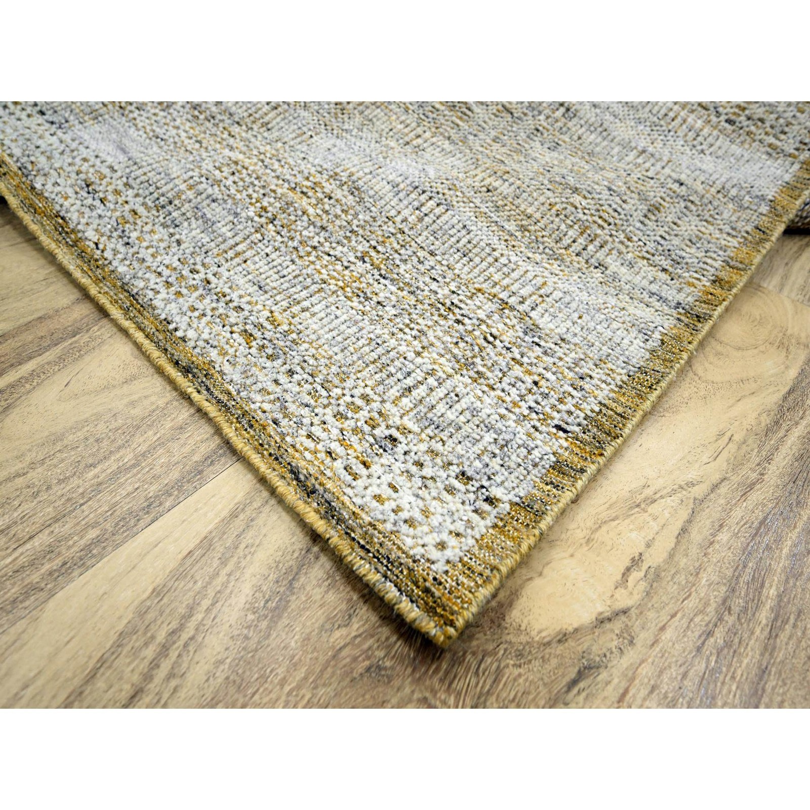 6’1″ x 9’1″ White with Yellow Hand Knotted Oxidized Grass Design Wool Rug R76244
