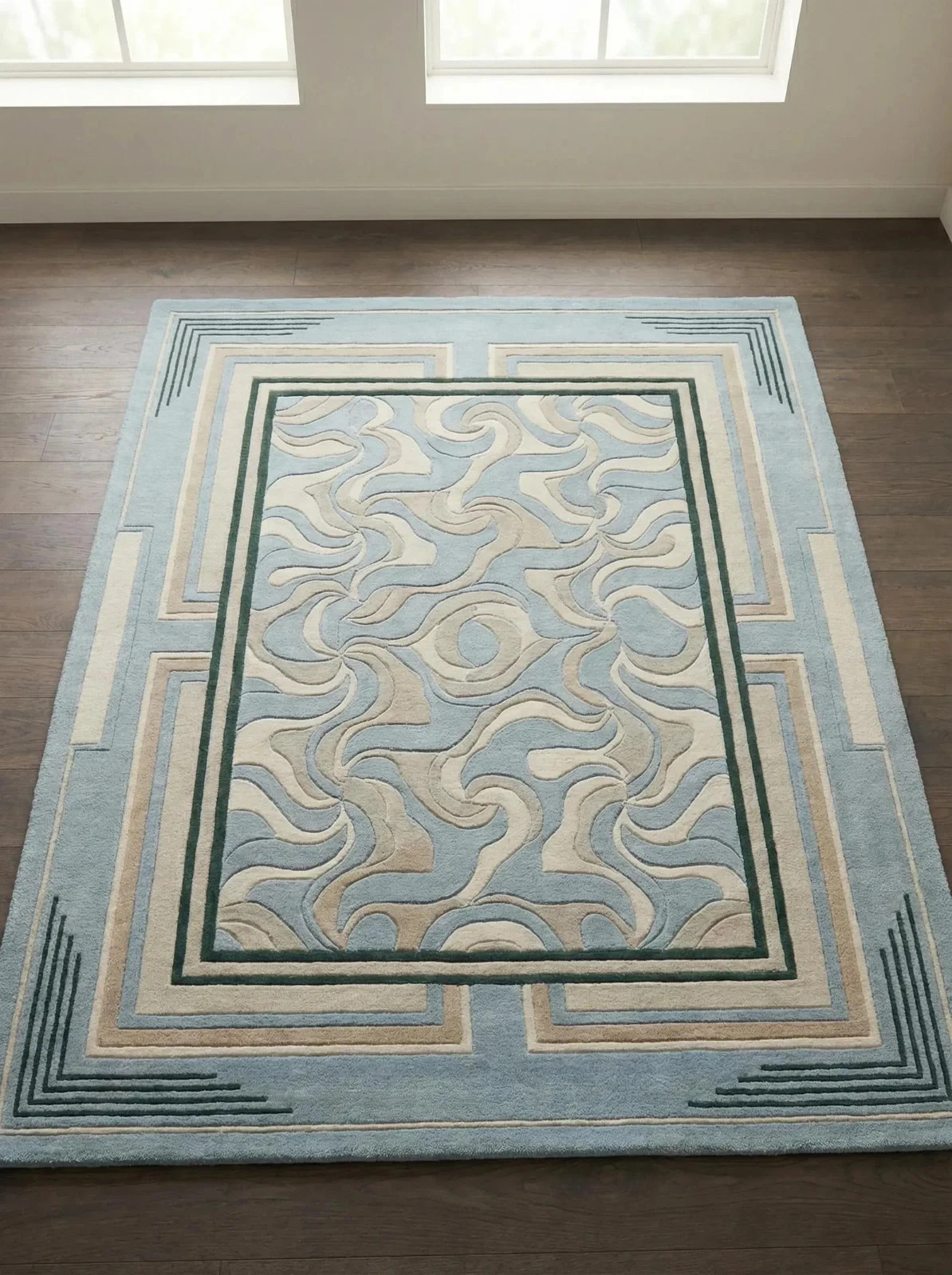 Hand Tufted Abstract Wavy Border Wool Area Rug Modern Living Room Carpet etc..