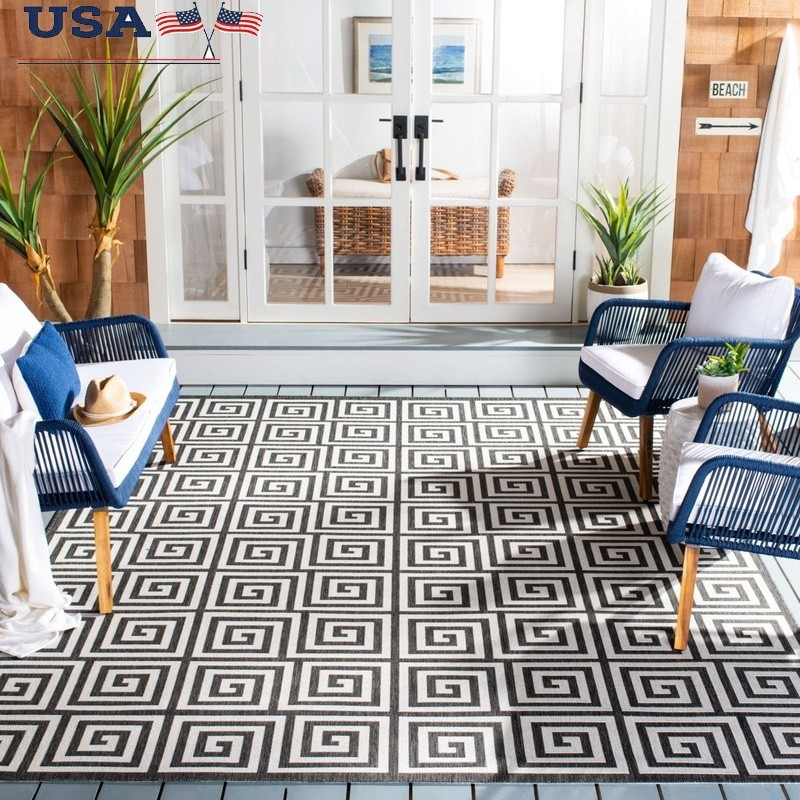 Geometric Indoor Outdoor Runner Rug Water Resistant Low Pile Porch Patio Decor