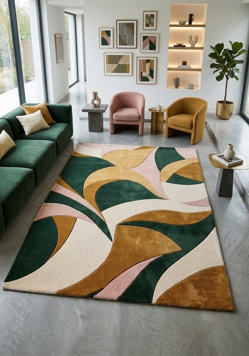 Abstract Modern Hand Tufted Wool Area Rug Green Gold Pink Contemporary Decor