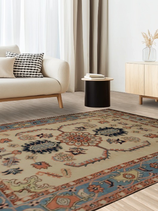 Classic Ivory & Light Blue Area Rug 6×8 Artful Border & Central Theme Carpet