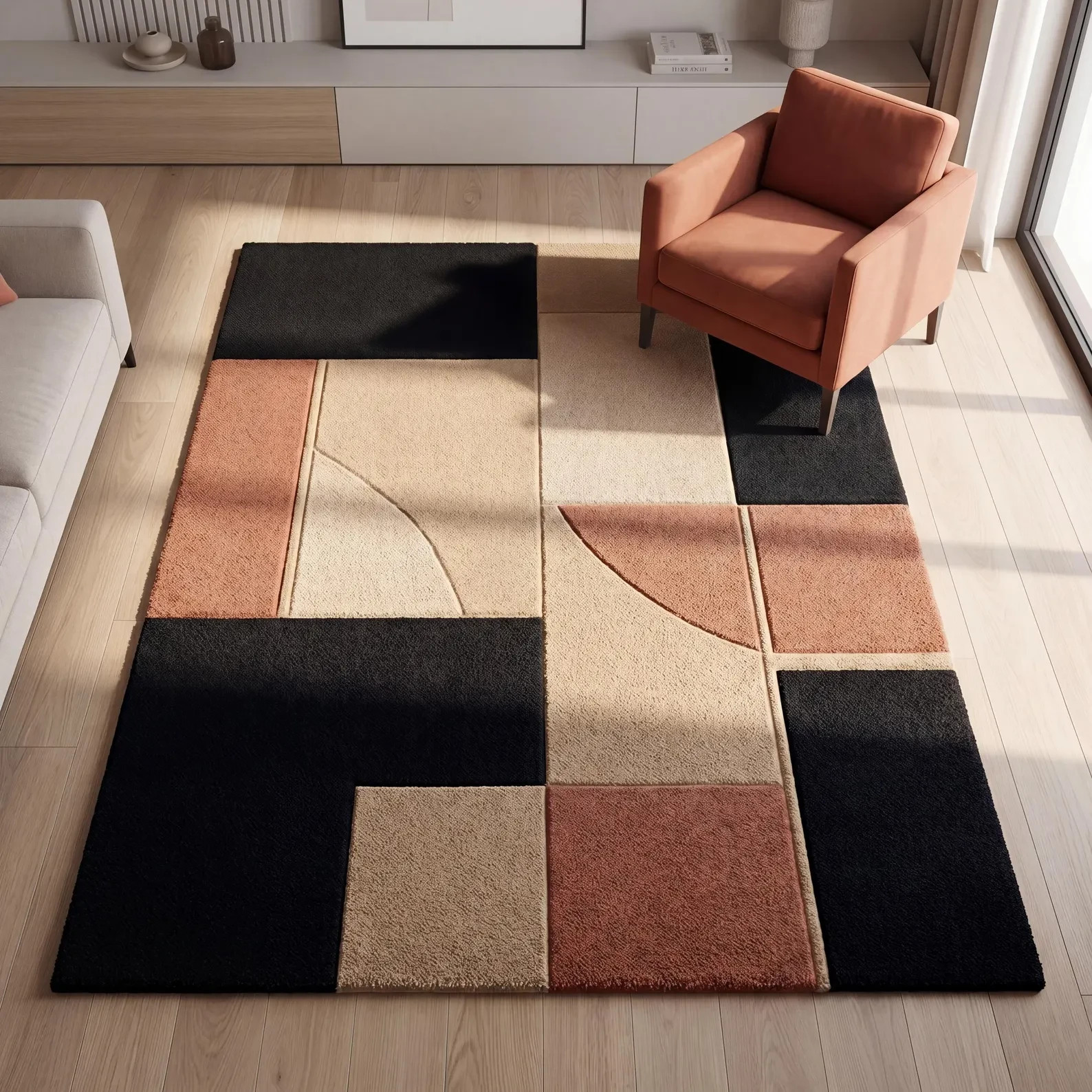 Modern Geometric Patchwork Wool Area Terracotta Black Tufted Living Room Rugs