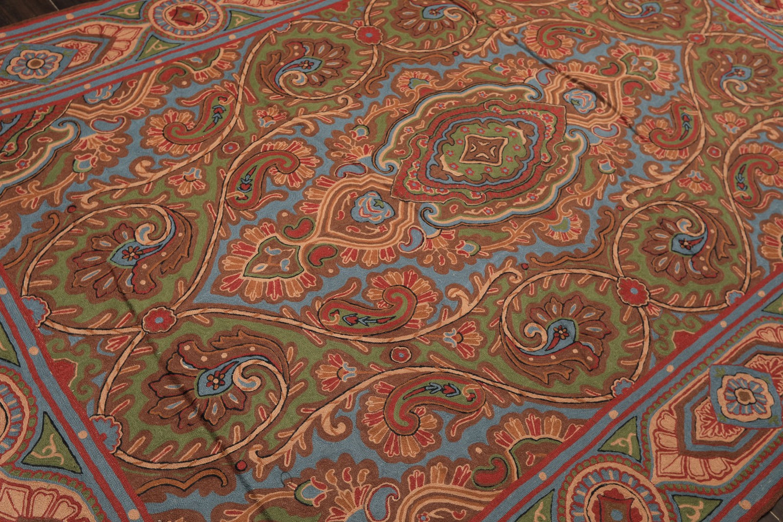 5’9”x8’6” Hand Woven Wool Green, Aqua Chainstitch Needlepoint Traditional Rug