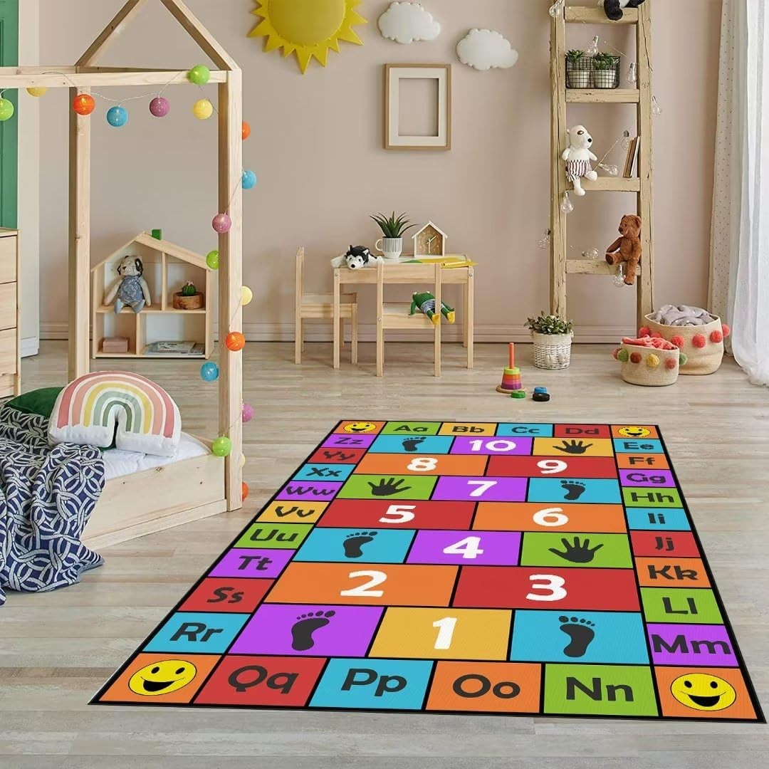 Kid Hopscotch Play Rug 31×47 in Red – Non-Slip Educational Carpet for Playroom