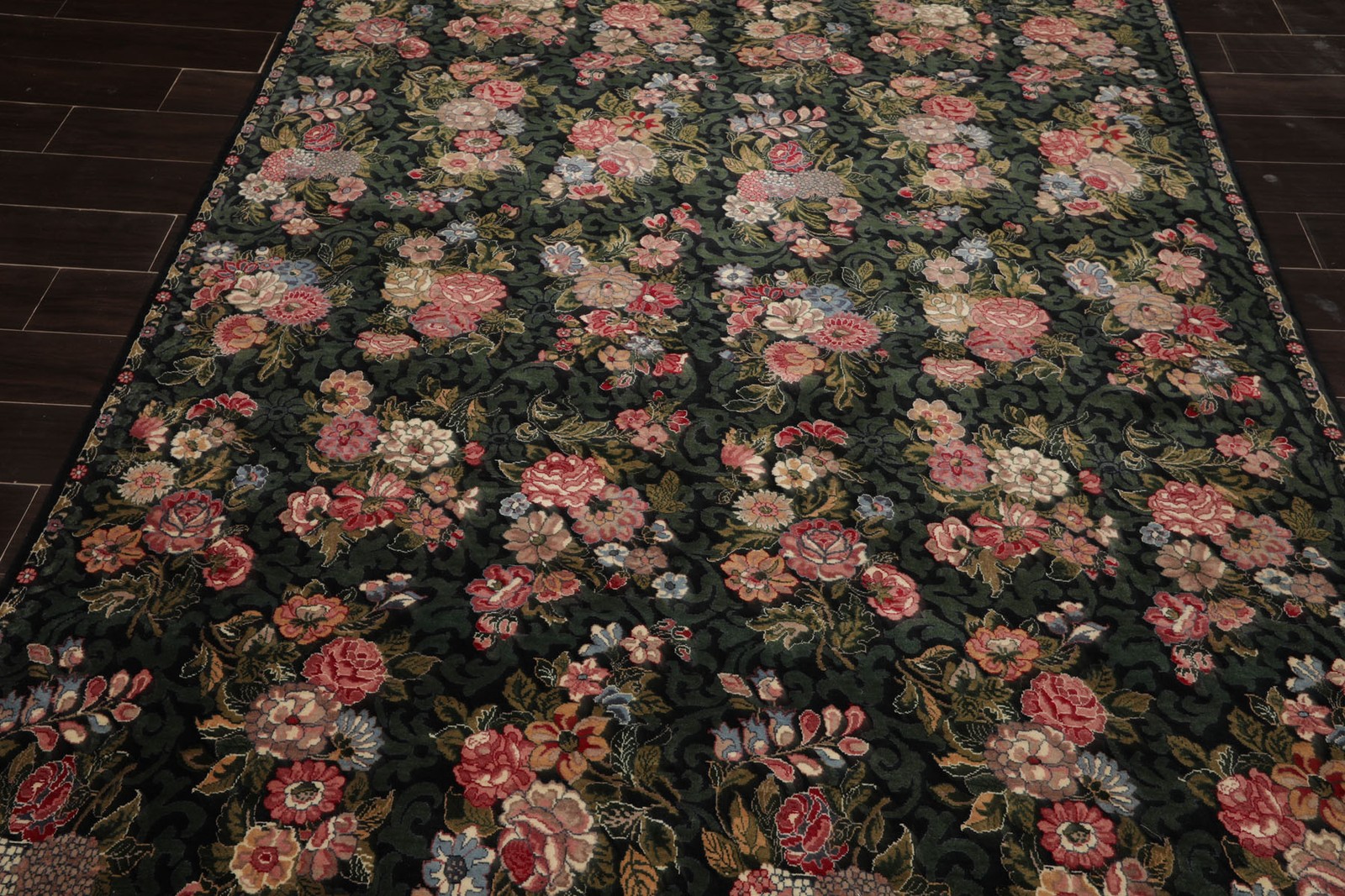 6’1”x9′ Hand Knotted Wool Black French Aubusson Savonnerie 300 KPSI Floral Rug