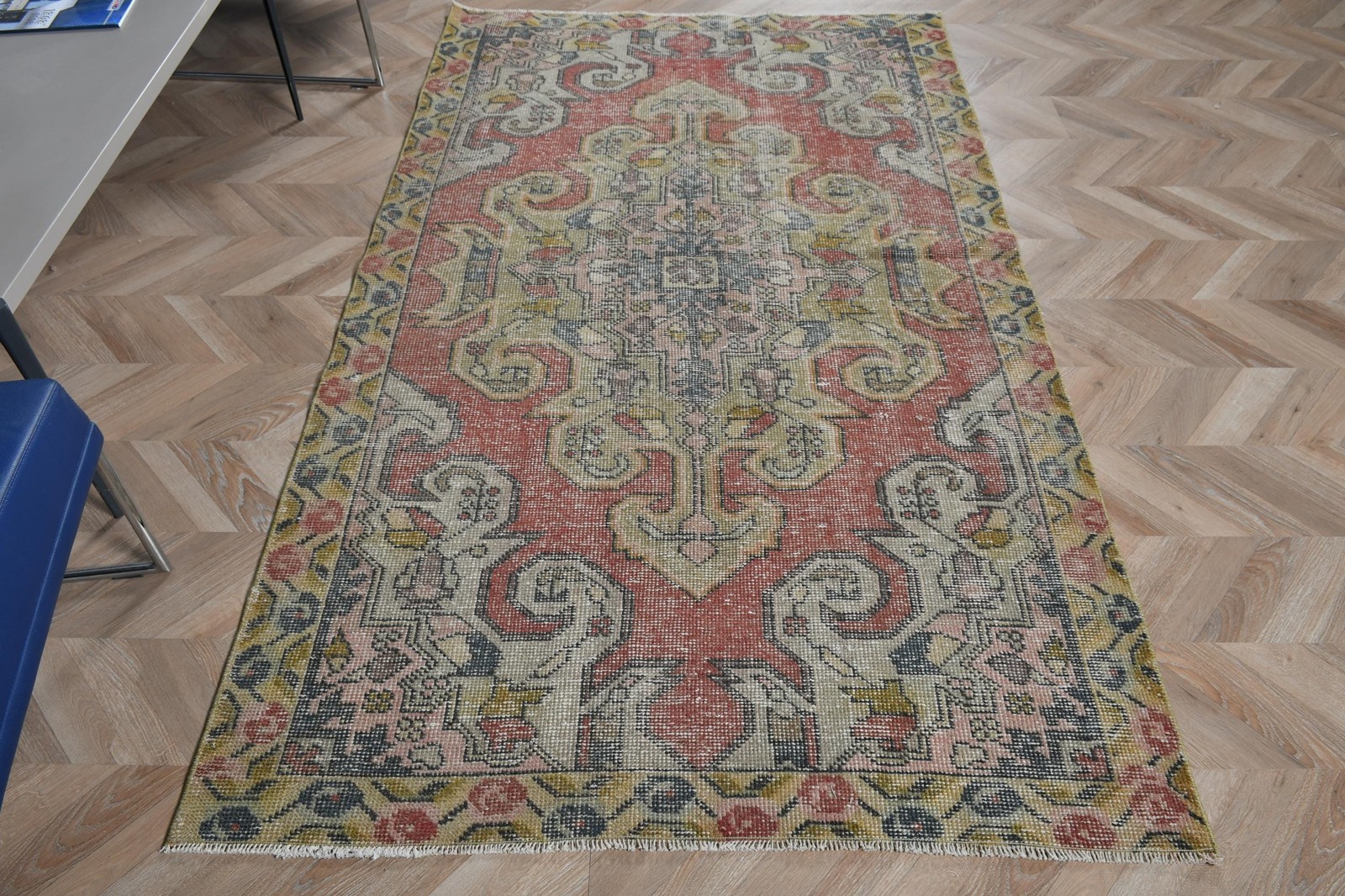 Turkish Vintage Area Rug 4,2×7,3 ft, Red Yellow Ombré Wool Rug