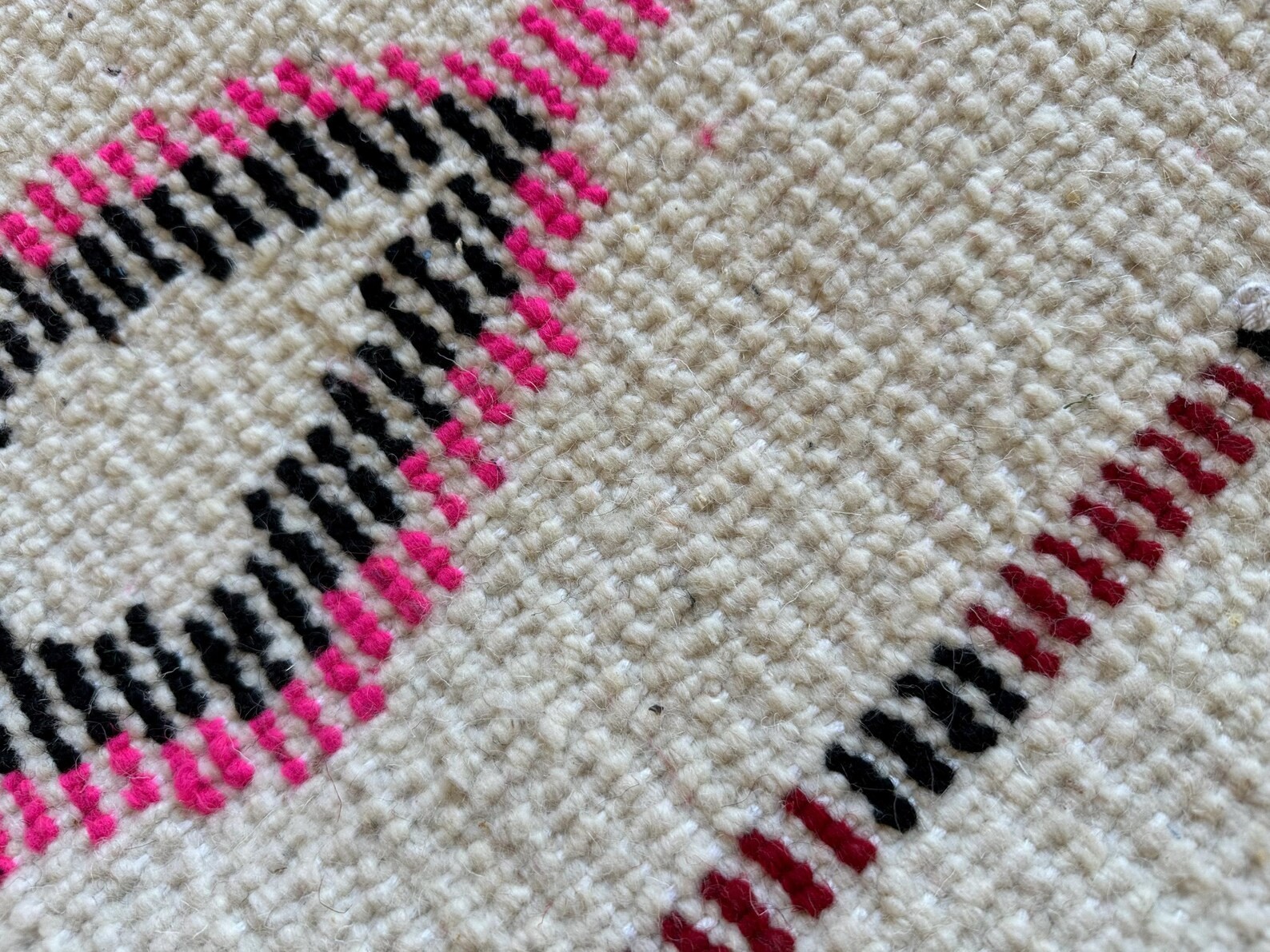 Color White and Pink Hand Knotted Abstract Berber Beni Ourain Moroccan Wool Rug