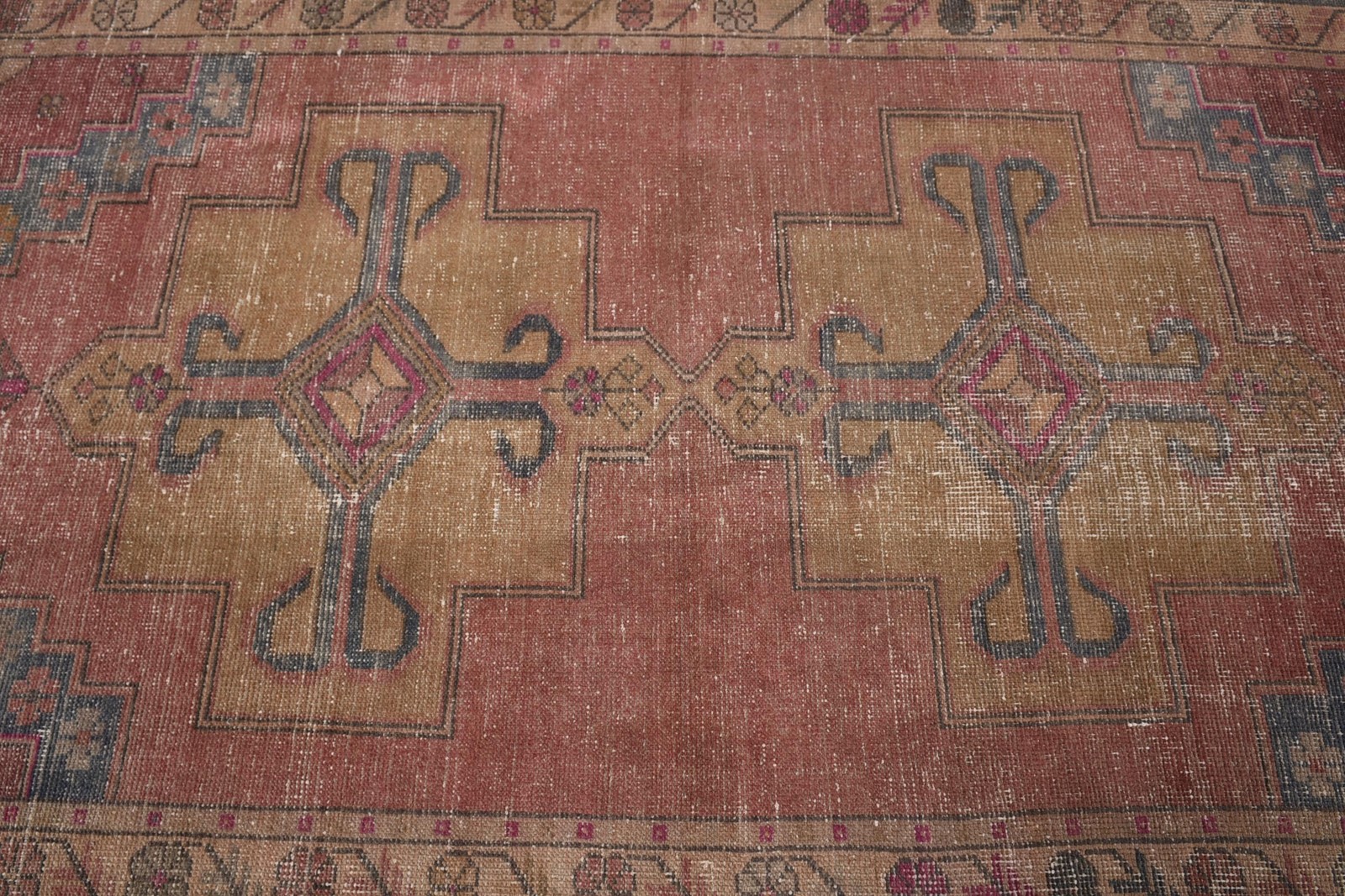 4,3×7,6 ft Area Turkish Rug, Vintage Rug, Red Brown Bordered Wool Rug