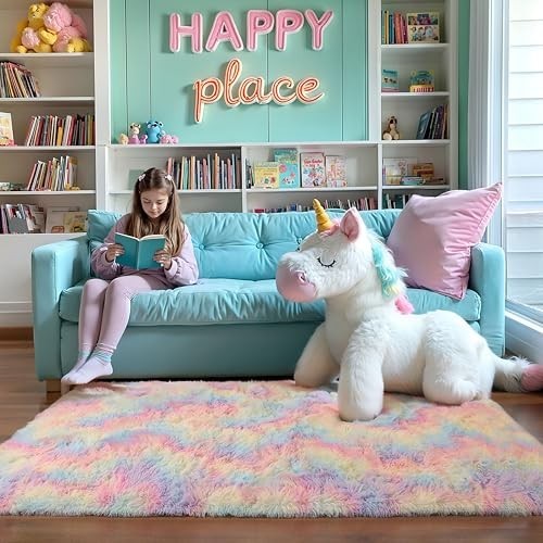 Rainbow 4×6 Kids Unicorn Rugs for Girls Bedroom, Soft Fluffy Shaggy Shag Wash…