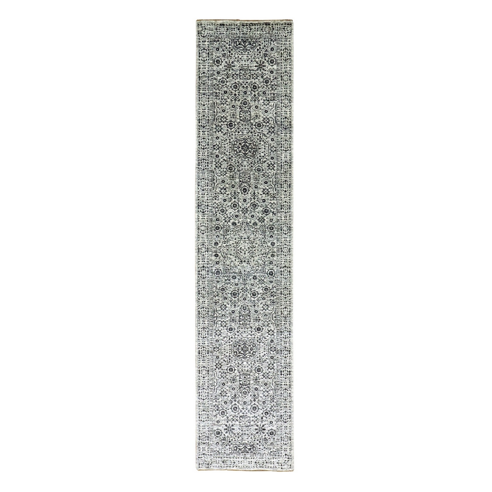 2’7″x12′ White Mamluk Dynasty Design Undyed Wool Hand Knotted Runner Rug R79687