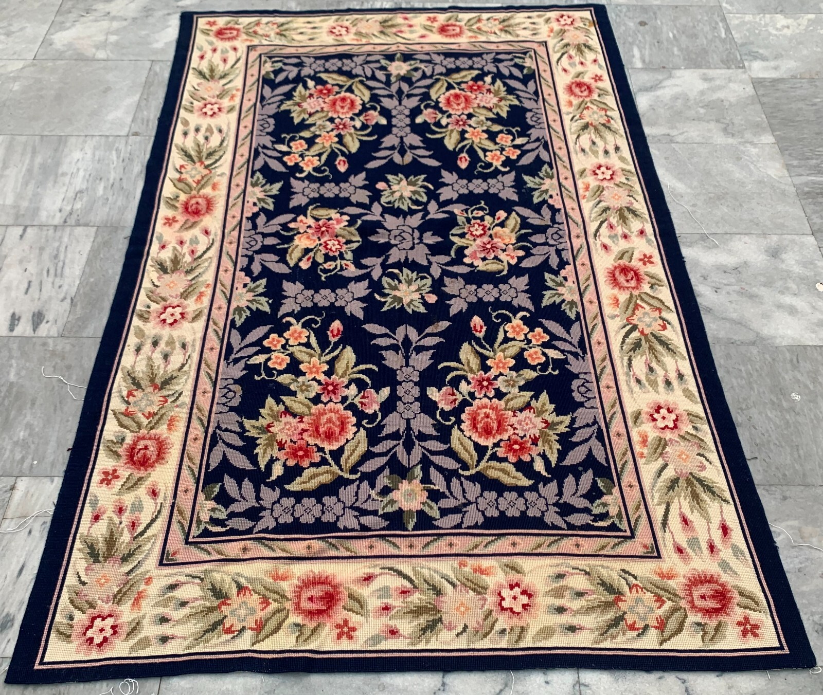 Vintage French Handmade Aubusson Rug Needle Point Floral Wool Rug 175×110 cm