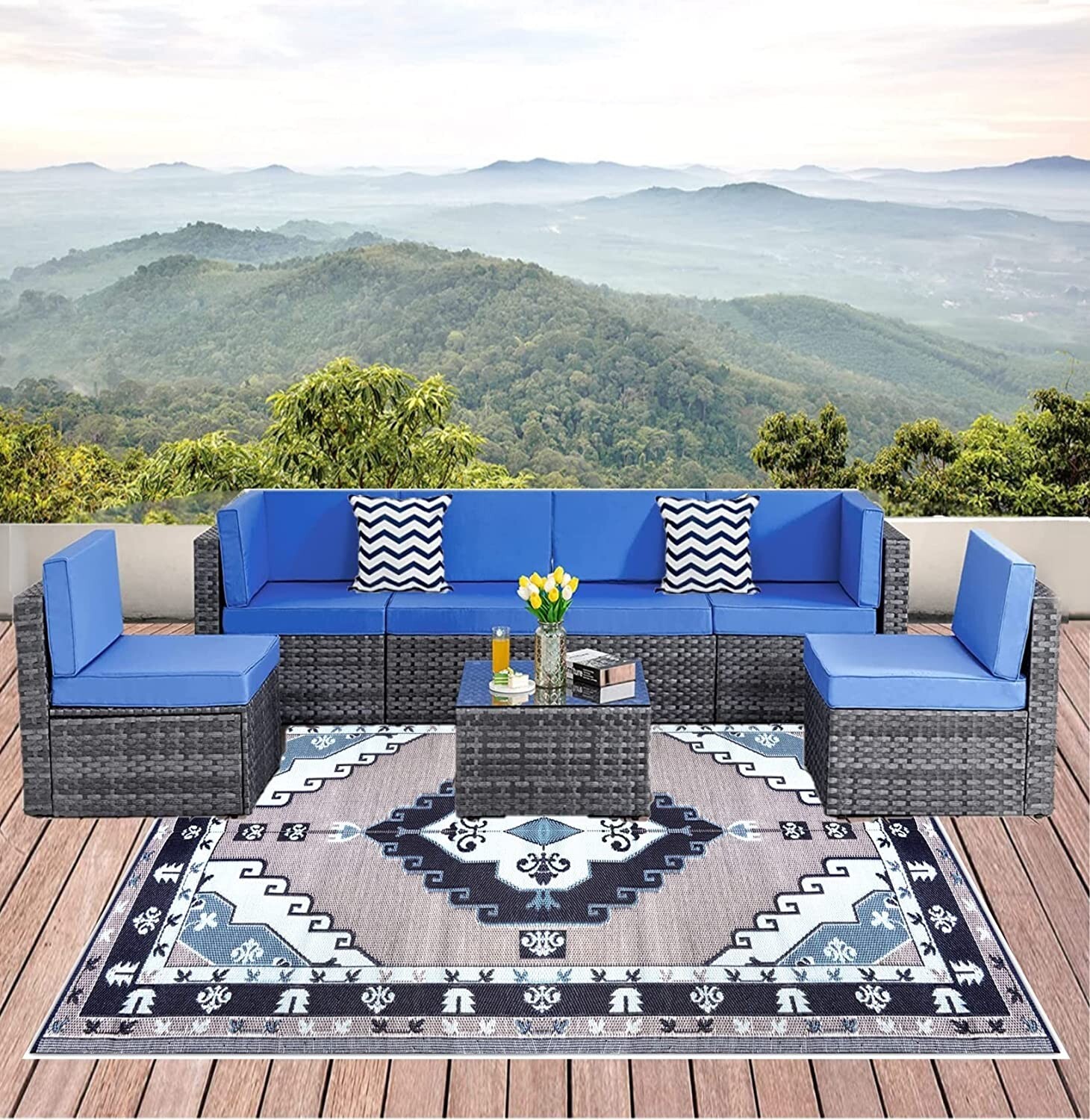 B-USA Outdoor Plastic Straw Rugs Outdoor Patio Rugs 6’x9′ Navy Blue,Grey,White