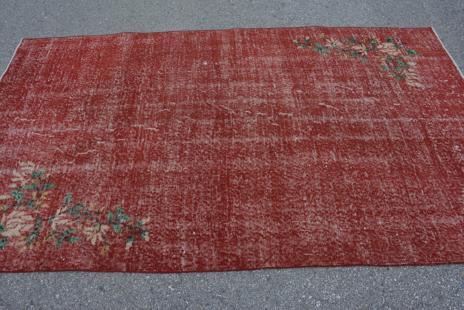 Vintage Area Rug 4,3×7,5 ft, Red Green Abstract Rug Wool