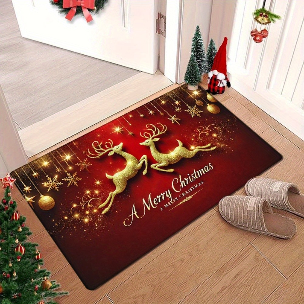Christmas Reindeer Print Non Slip Area Rug Machine Washable Flannel Welcome Mat❀