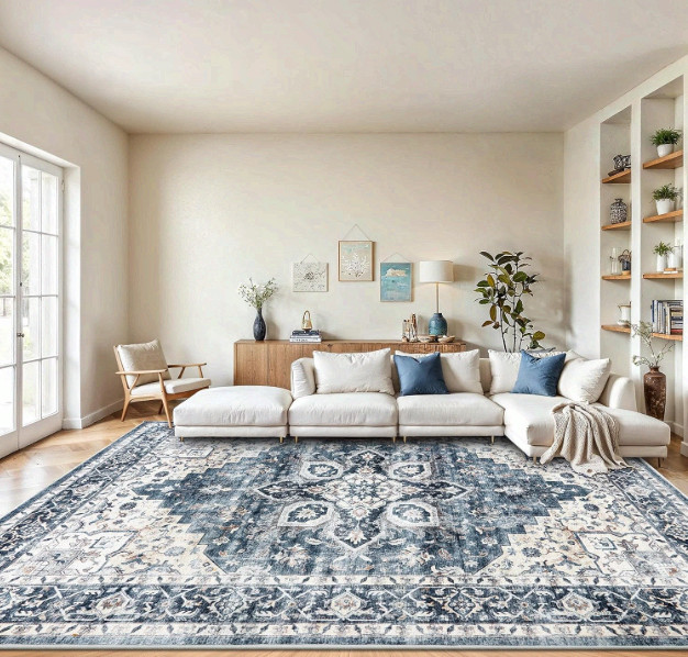 AMADA 8×10 Washable Area Rug Non Slip Vintage Blue Living Room Bedroom