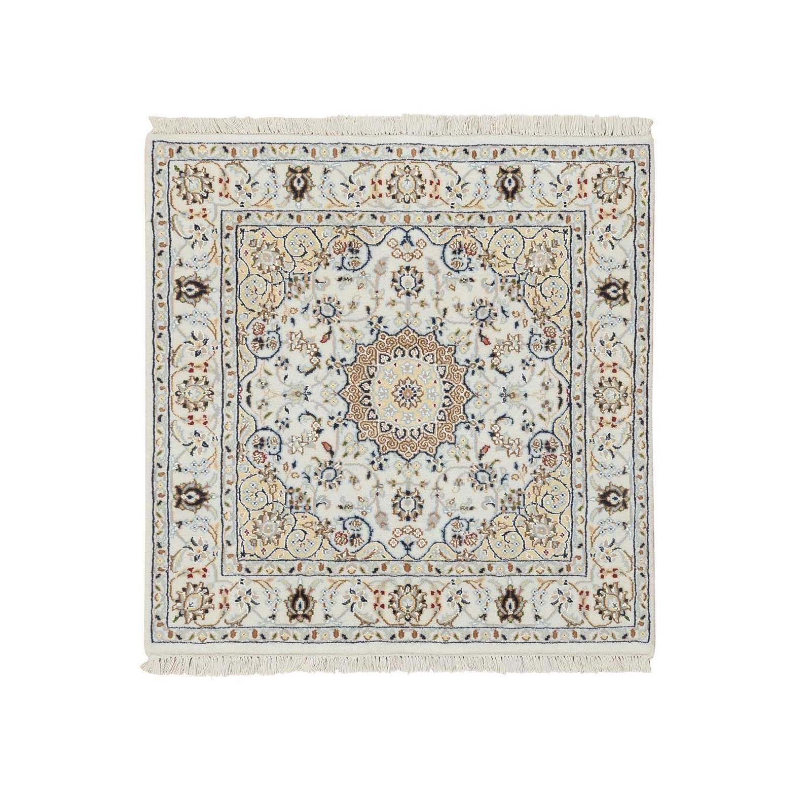 3’1″ x 3’1″ Ivory 250 KPSI Nain Wool and Silk Hand Knotted Square Rug R64757