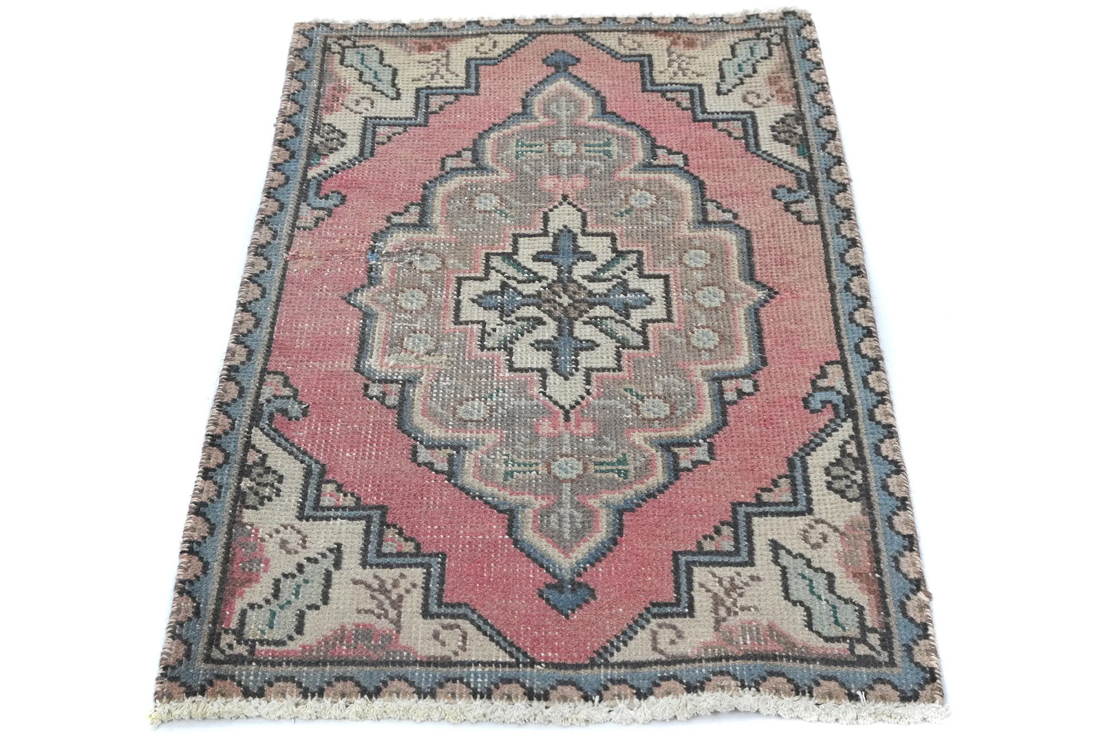 1’7X2’7 ft Semi-Antique Distressed Oriental Rug Muted Red Floral Design Carpet
