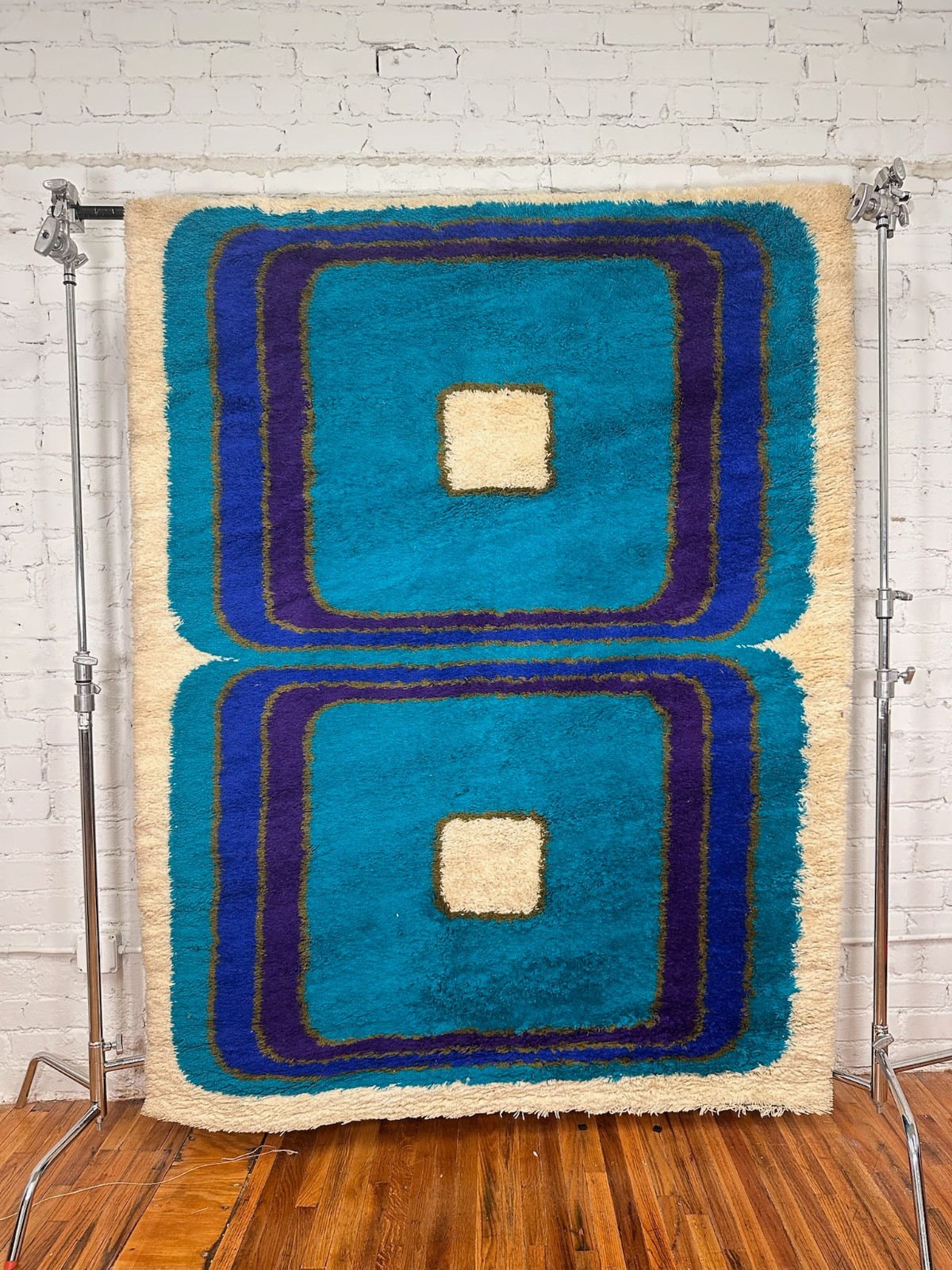 60’s HOJER EKSPORT 2 Square Blue Purple UNUSED Rya Rug Danish Modern Mid Century