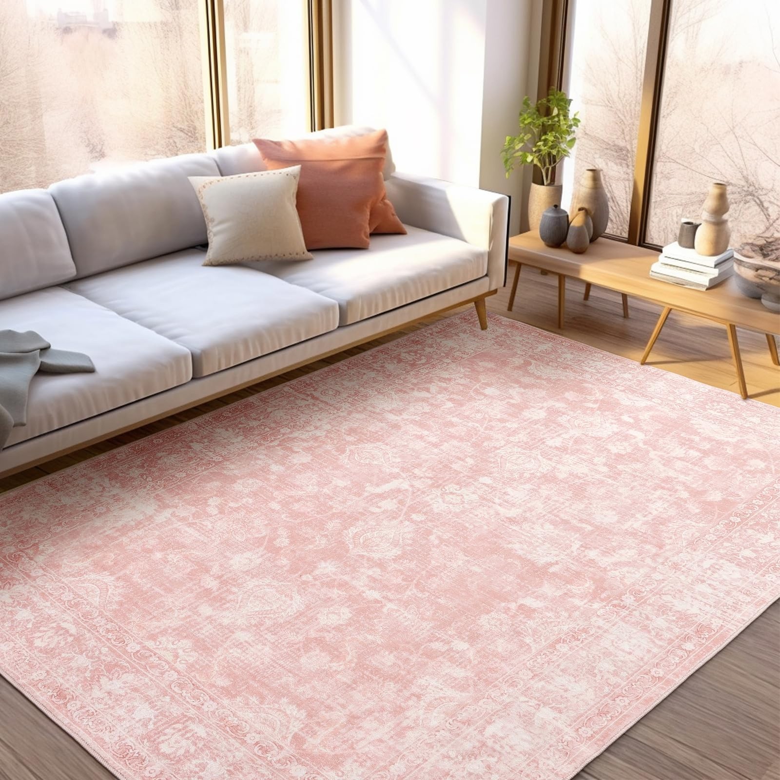 Boho Pink Area Rug 5×7 – Soft Washable Vintage Rug with Non-Slip Backing for …