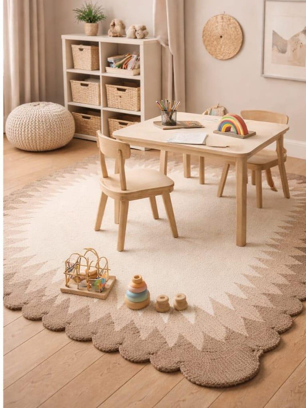 Neutral Scalloped Edge Kids Playroom Rug, Montessori Tufted Area Carpet