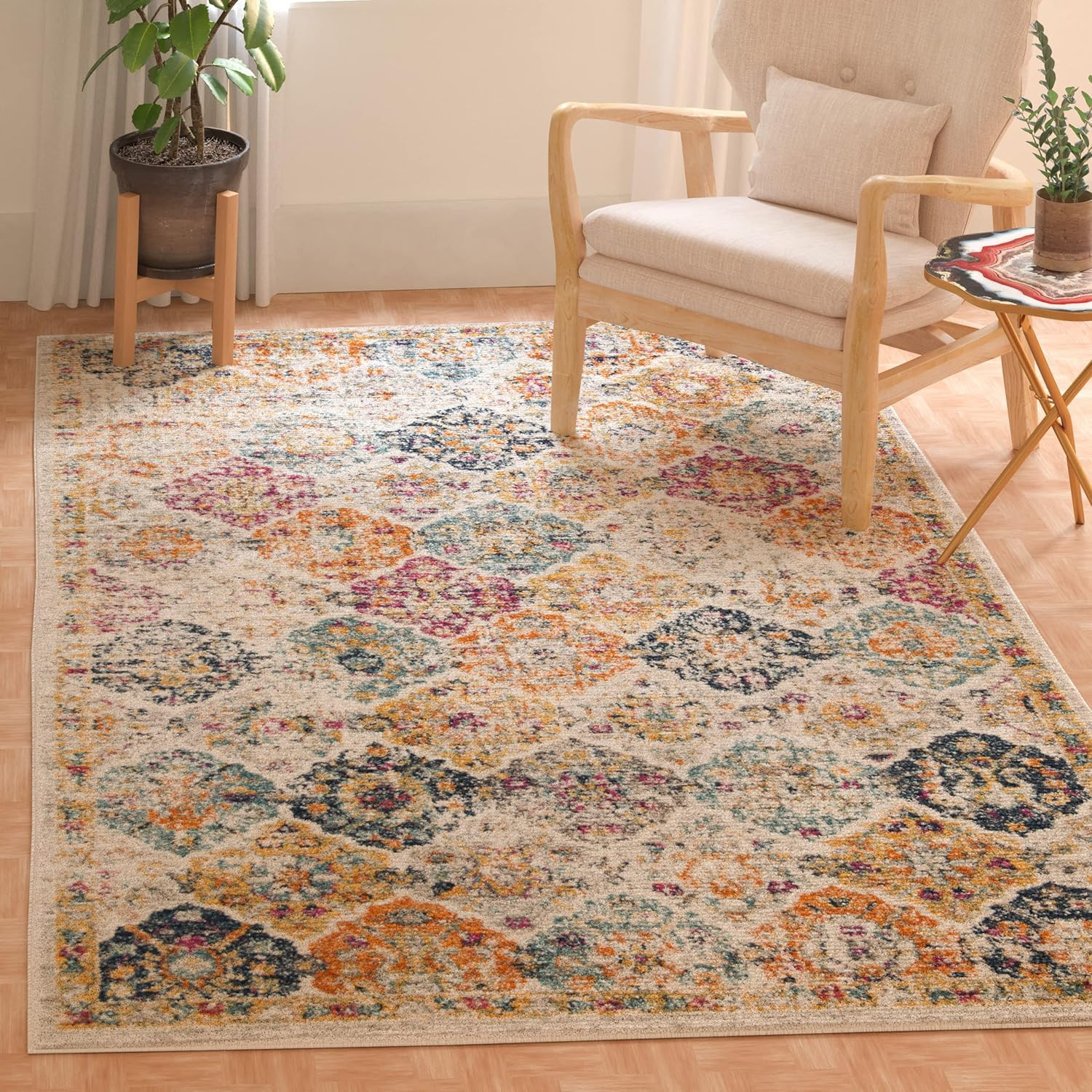 Madison Collection Accent Rug – 3′ X 5′, Cream & Multi, Boho Chic Distressed Des