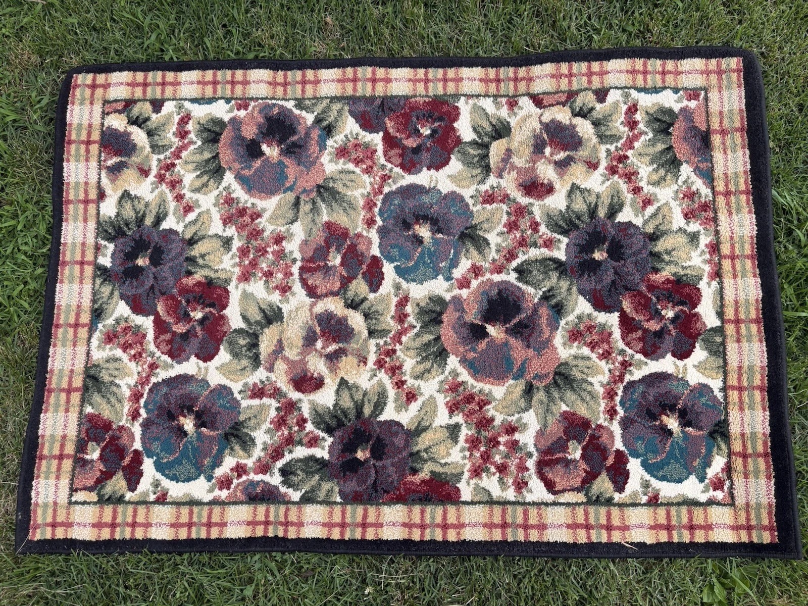 Floral Accent Area Rug Burgundy Teal Green Cream Plaid Border Cottage 55 x 38 In