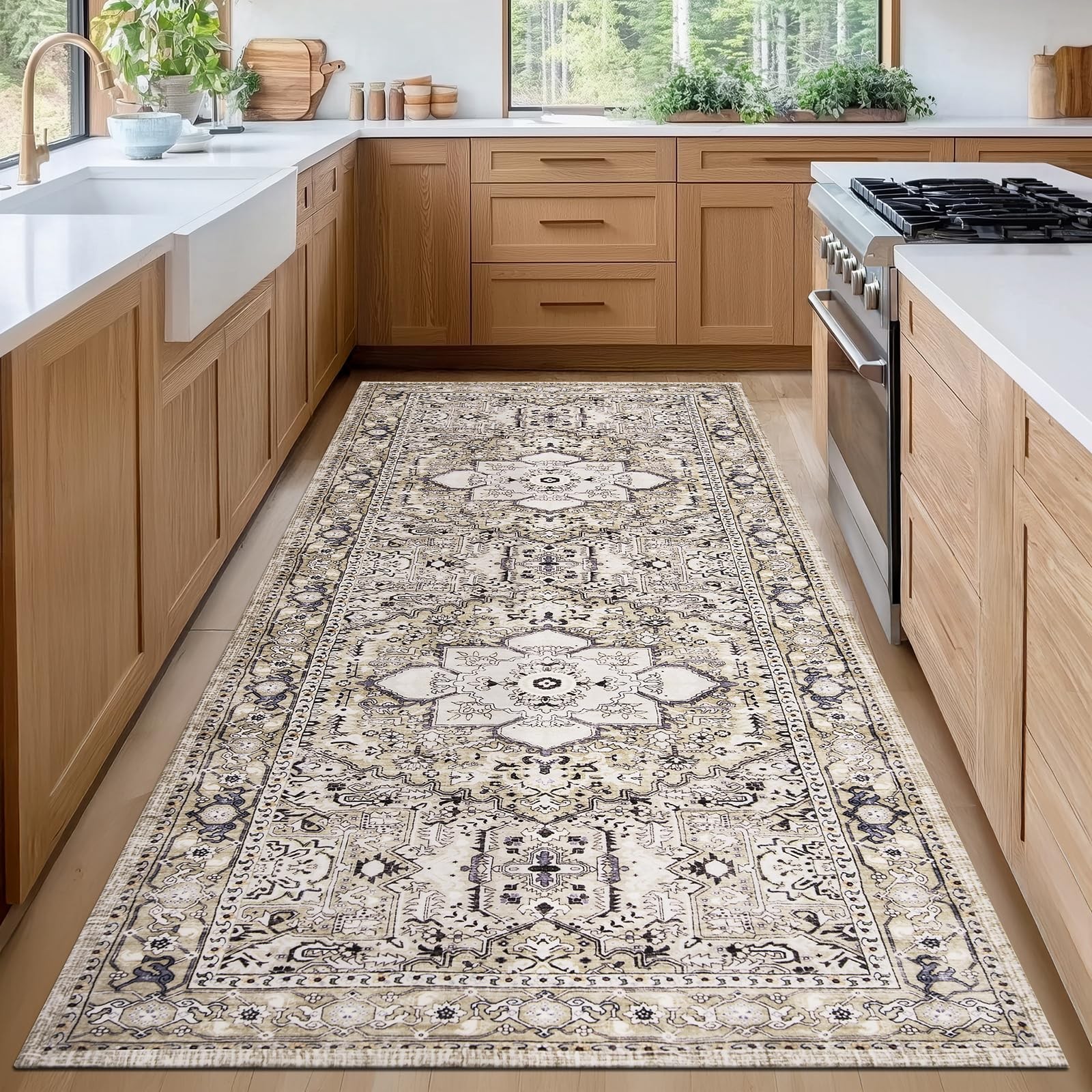 Vintage Farmhouse Boho Runner Rug 2’6″ x 6′, Non-Slip Machine Washable Rug, A…