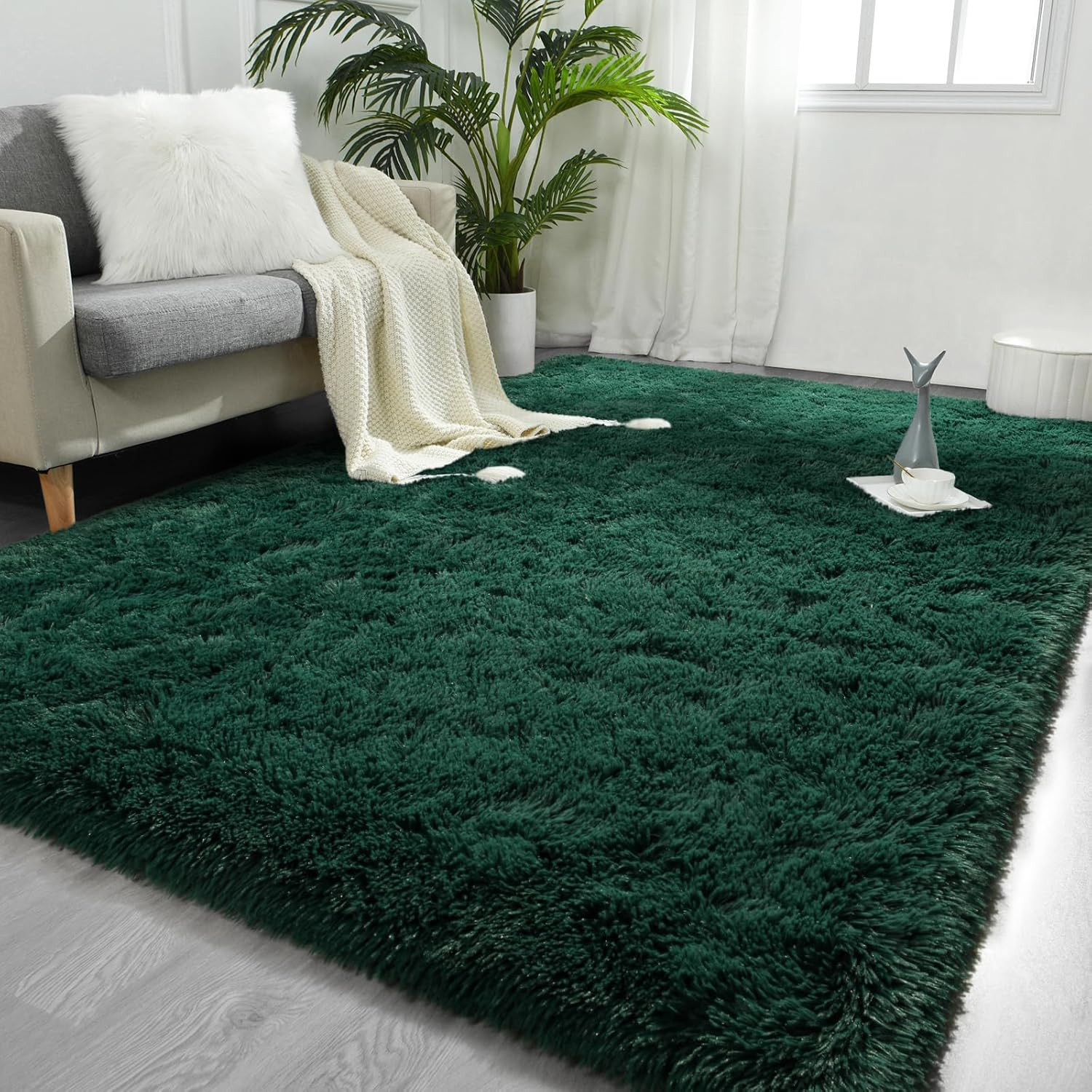 Large 9×12 Deep Green Shaggy Area Rug – Ultra Soft Plush Indoor Carpet