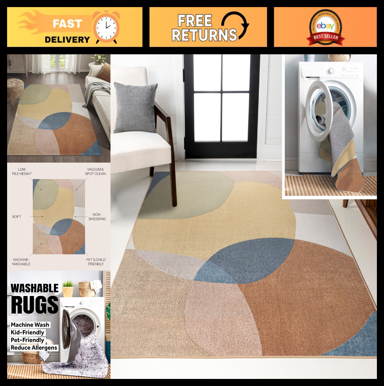 Machine Washable 3×5 ft Indoor Area Rug – Pebble Geometric, Easy-Clean, Pet-Frie