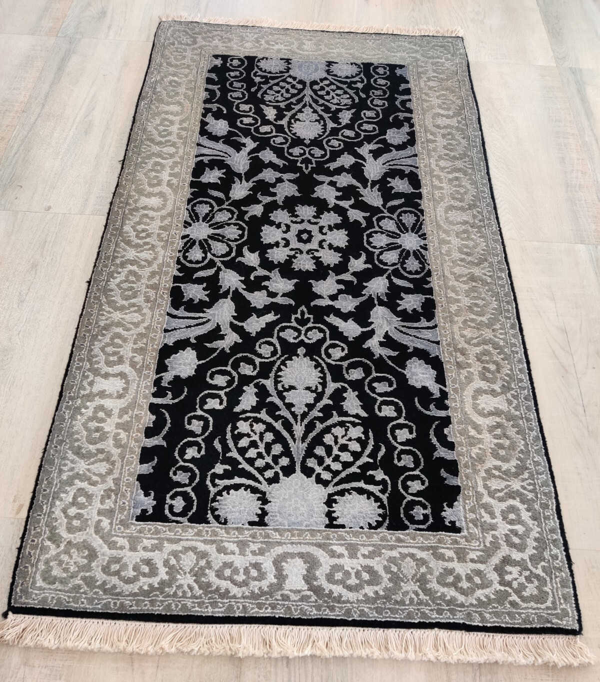 Vintage Hand Knotted Wool Rug for Bedroom Oriental Black Grey 70 x 140 cm