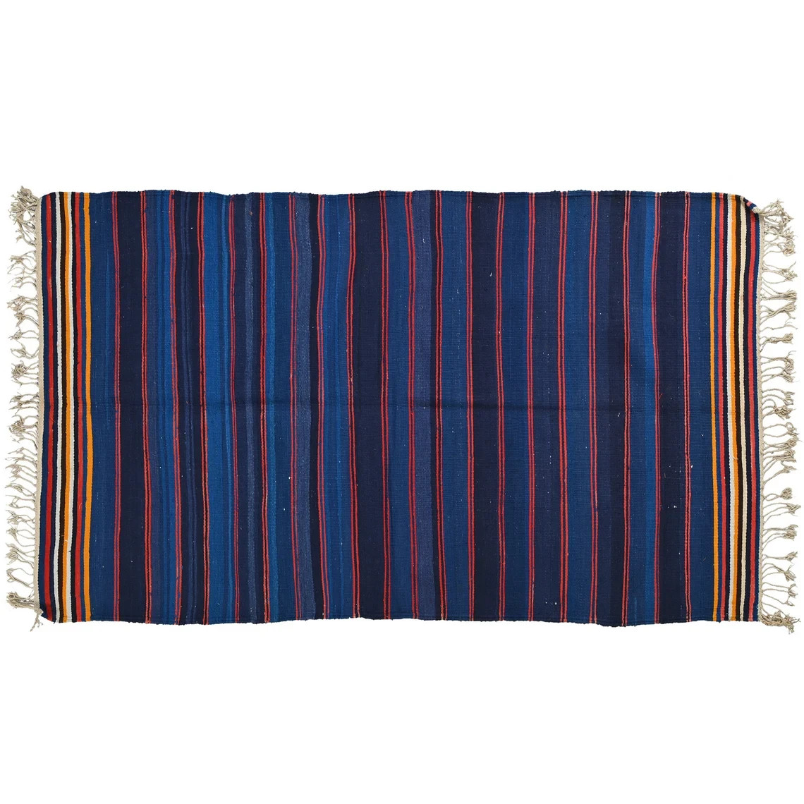 Punjabi Dhurrie Rug 3×6 Navy Blue Striped Cotton Kilim Reversible Boho Area Rug