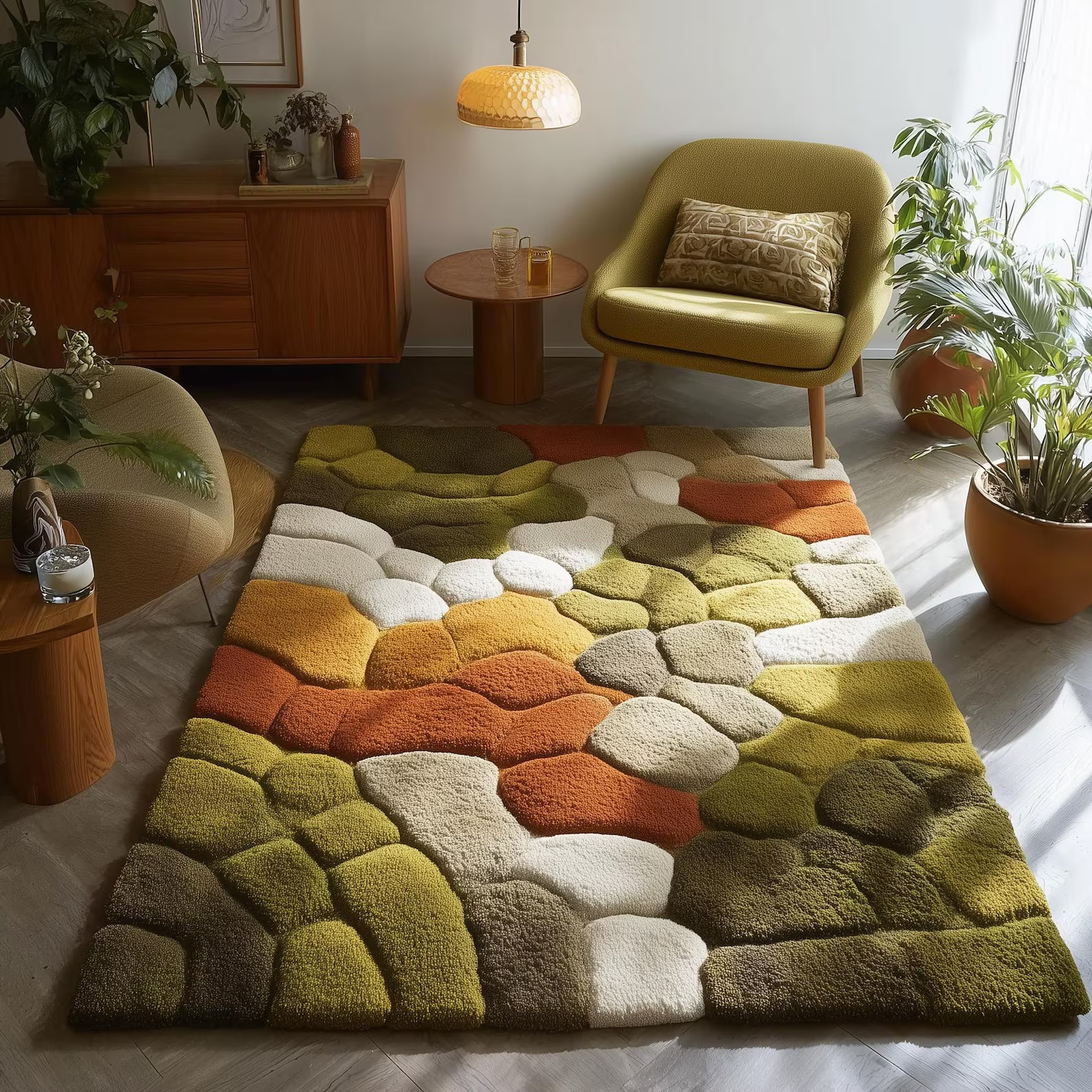 Hand Tufted Wool Pebble Rug Olive Green Burnt Orange Textured High Pile Carpet