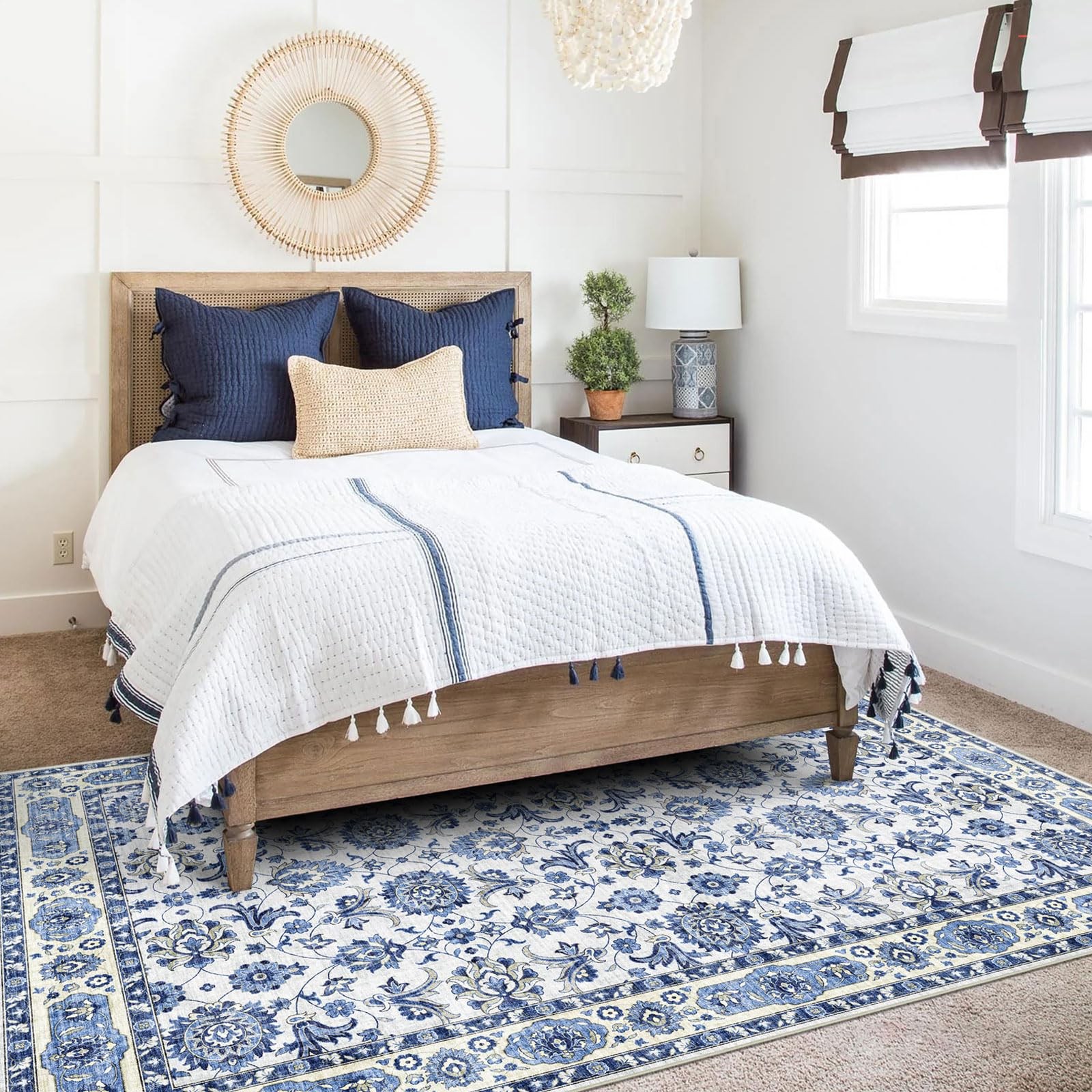 Blissa Washable 5X7 – Blue Vintage Floral Rug For Living Room