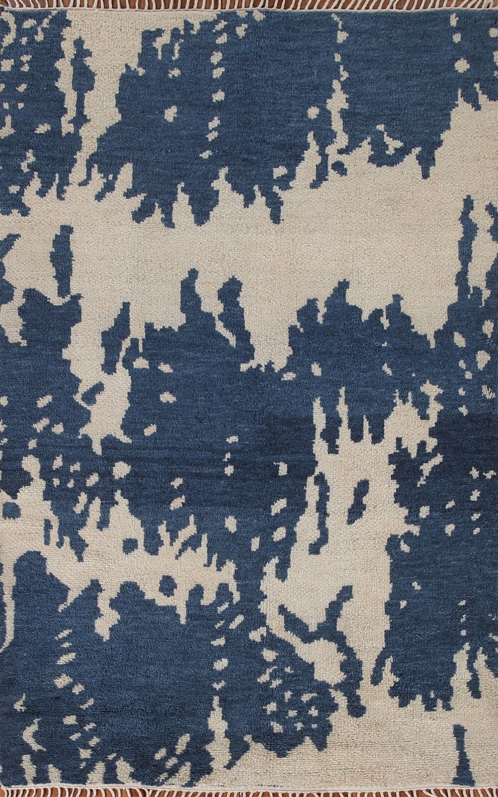 Abstract Modern Moroccan Ivory/ Navy Blue Area Rug 5’x8′ Wool Hand-made Carpet