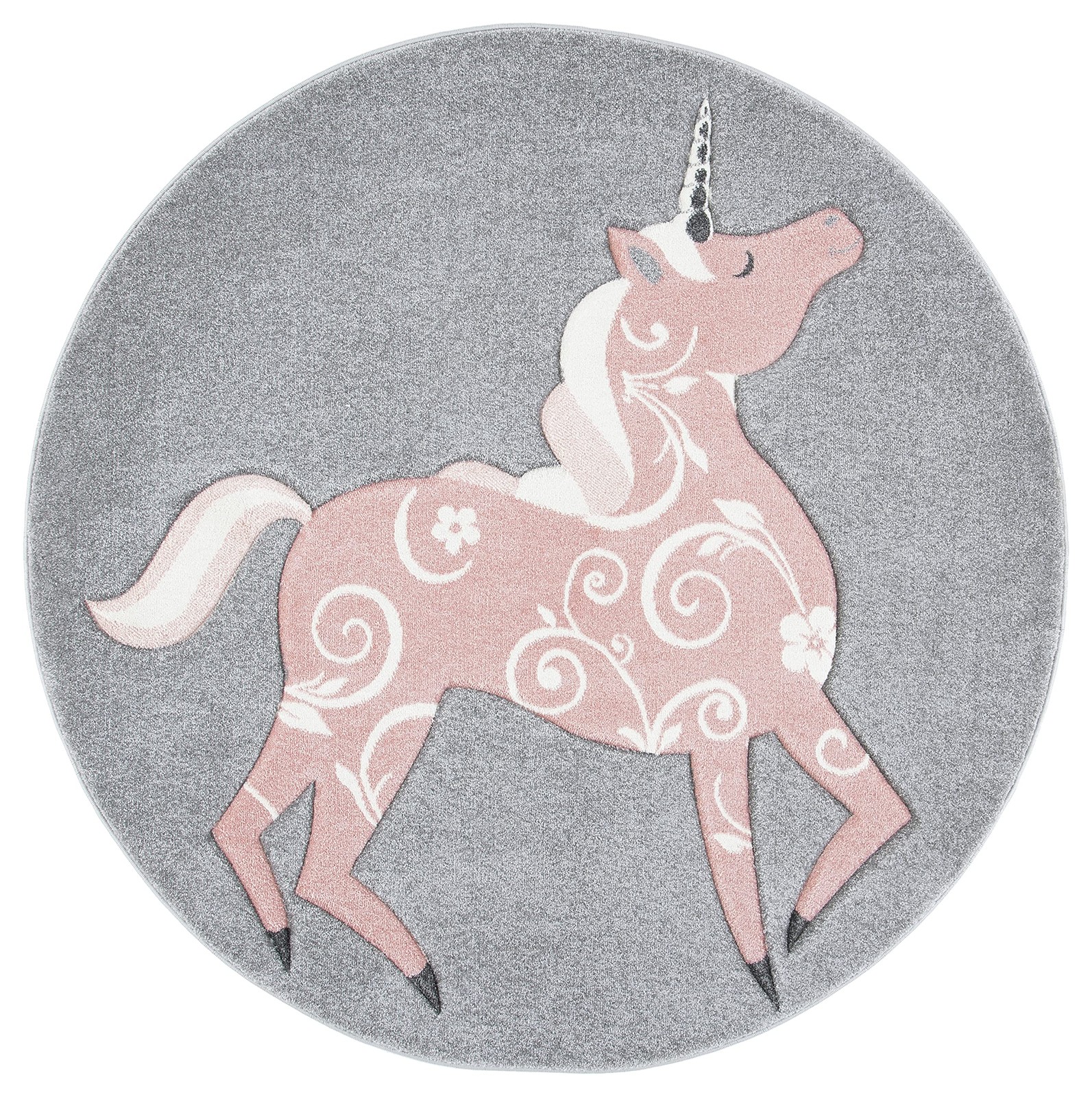 Carousel Kids Collection Area Rug – 5’3″ Round, Grey & Pink, Non-Shedding & E…
